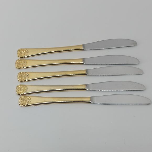 Vtg Shell Stainless Japan Gold Tone Dinner Knifes Regency - Picture 8 of 15